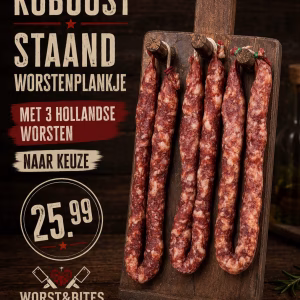 Robuust staand worstenplankje met 3 hollandse worsten naar keuze.