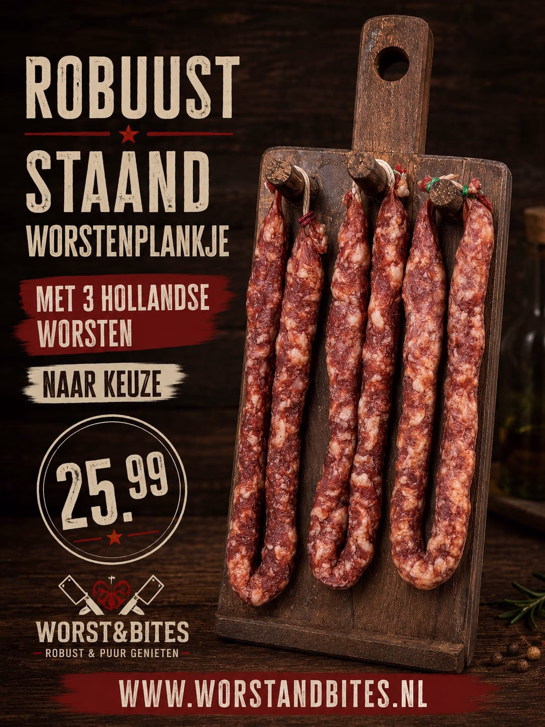 Robuust staand worstenplankje met 3 hollandse worsten naar keuze.